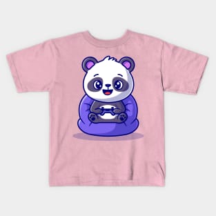 Cute Panda On Playing Game Cartoon Kids T-Shirt